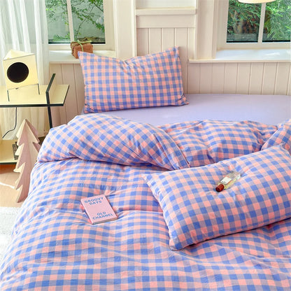 100% Cotton Colorful Plaid Duvet Cover Set Girls Women Bedroom Purple and Pink Striped Reversible Bedding Comforter Cover 3 Pcs