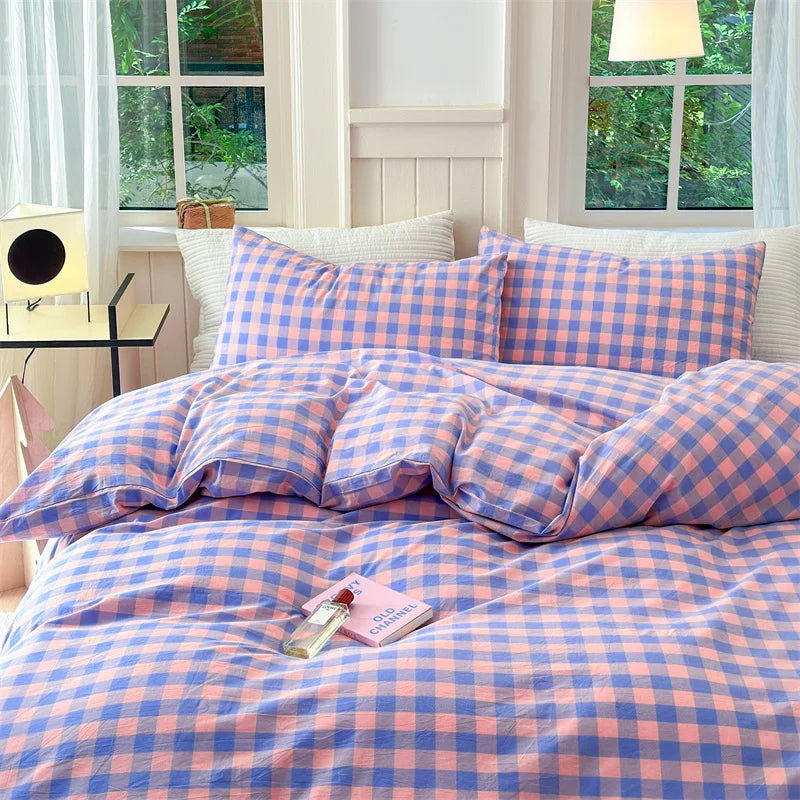 100% Cotton Colorful Plaid Duvet Cover Set Girls Women Bedroom Purple and Pink Striped Reversible Bedding Comforter Cover 3 Pcs