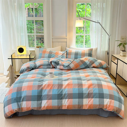 100% Cotton Colorful Plaid Duvet Cover Set Girls Women Bedroom Purple and Pink Striped Reversible Bedding Comforter Cover 3 Pcs