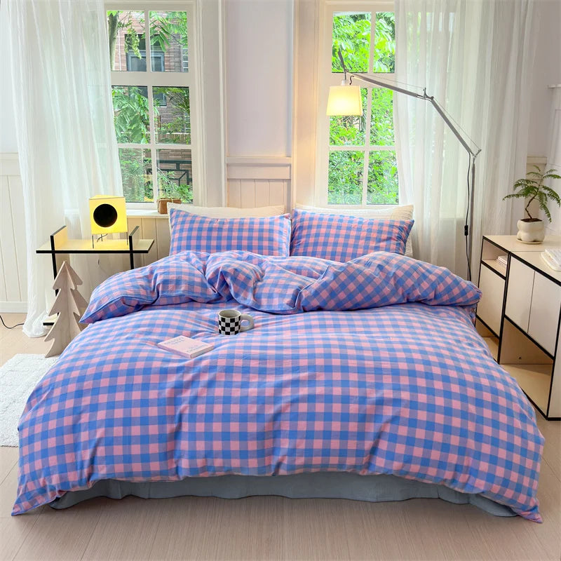 100% Cotton Colorful Plaid Duvet Cover Set Girls Women Bedroom Purple and Pink Striped Reversible Bedding Comforter Cover 3 Pcs