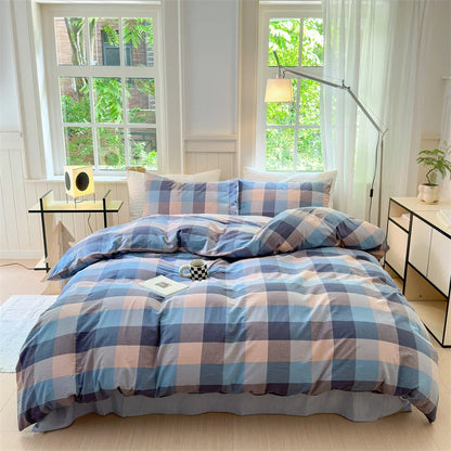 100% Cotton Colorful Plaid Duvet Cover Set Girls Women Bedroom Purple and Pink Striped Reversible Bedding Comforter Cover 3 Pcs