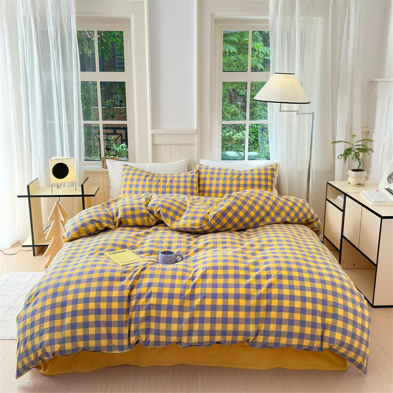 100% Cotton Colorful Plaid Duvet Cover Set Girls Women Bedroom Purple and Pink Striped Reversible Bedding Comforter Cover 3 Pcs