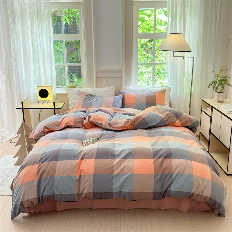 100% Cotton Colorful Plaid Duvet Cover Set Girls Women Bedroom Purple and Pink Striped Reversible Bedding Comforter Cover 3 Pcs