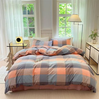 100% Cotton Colorful Plaid Duvet Cover Set Girls Women Bedroom Purple and Pink Striped Reversible Bedding Comforter Cover 3 Pcs