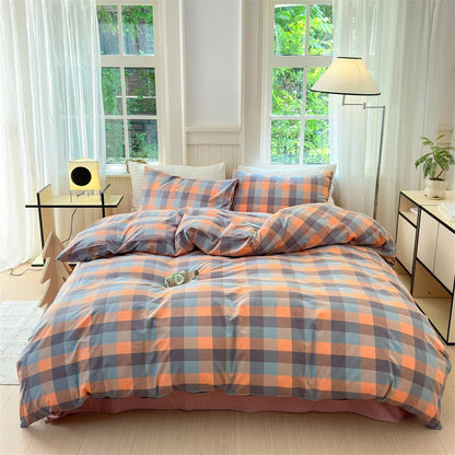 100% Cotton Colorful Plaid Duvet Cover Set Girls Women Bedroom Purple and Pink Striped Reversible Bedding Comforter Cover 3 Pcs