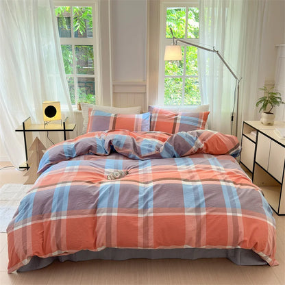 100% Cotton Colorful Plaid Duvet Cover Set Girls Women Bedroom Purple and Pink Striped Reversible Bedding Comforter Cover 3 Pcs