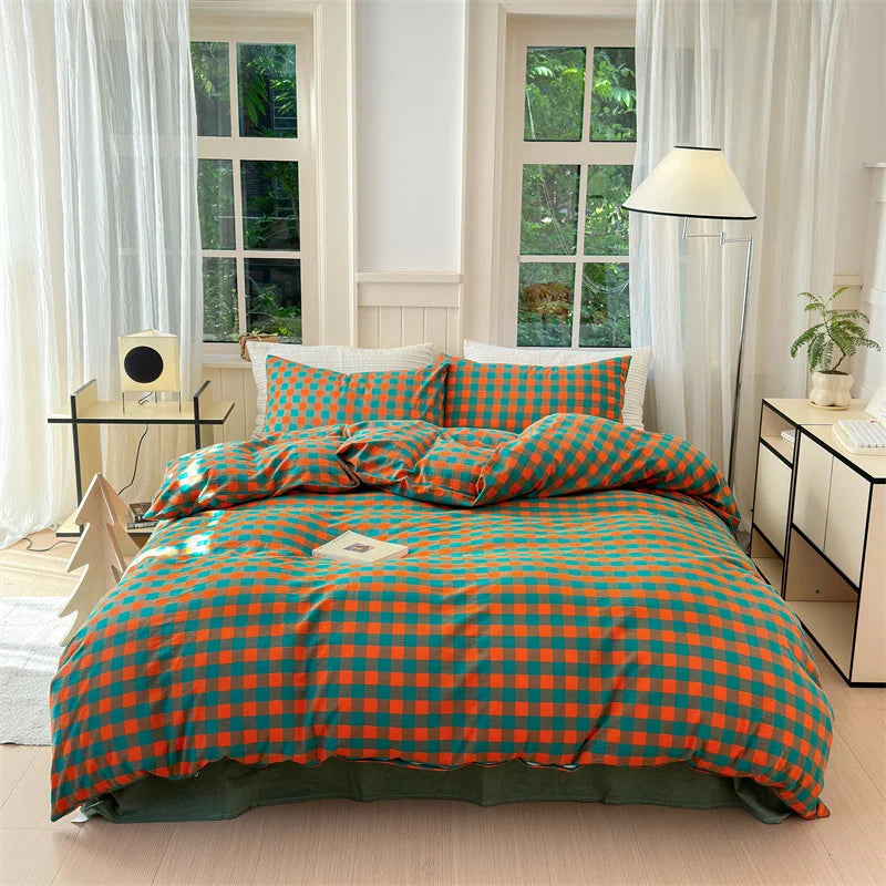 100% Cotton Colorful Plaid Duvet Cover Set Girls Women Bedroom Purple and Pink Striped Reversible Bedding Comforter Cover 3 Pcs