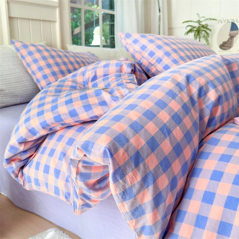 100% Cotton Colorful Plaid Duvet Cover Set Girls Women Bedroom Purple and Pink Striped Reversible Bedding Comforter Cover 3 Pcs