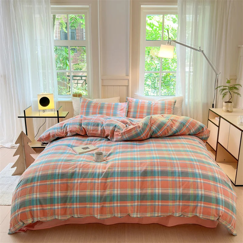100% Cotton Colorful Plaid Duvet Cover Set Girls Women Bedroom Purple and Pink Striped Reversible Bedding Comforter Cover 3 Pcs