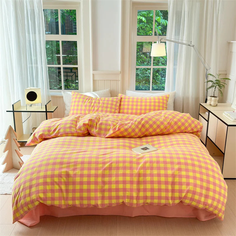 100% Cotton Colorful Plaid Duvet Cover Set Girls Women Bedroom Purple and Pink Striped Reversible Bedding Comforter Cover 3 Pcs