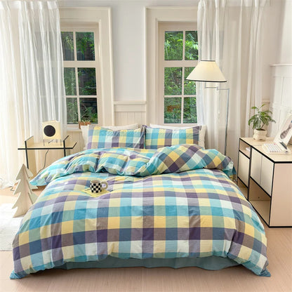 100% Cotton Colorful Plaid Duvet Cover Set Girls Women Bedroom Purple and Pink Striped Reversible Bedding Comforter Cover 3 Pcs