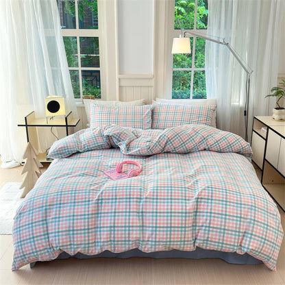 100% Cotton Colorful Plaid Duvet Cover Set Girls Women Bedroom Purple and Pink Striped Reversible Bedding Comforter Cover 3 Pcs