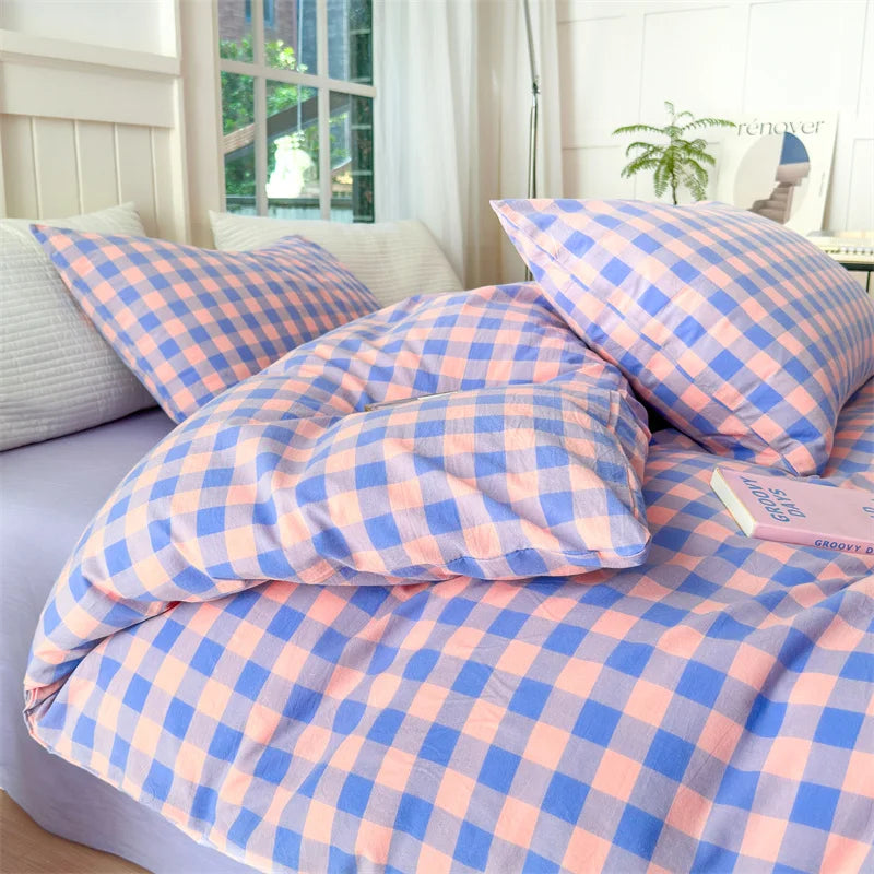 100% Cotton Colorful Plaid Duvet Cover Set Girls Women Bedroom Purple and Pink Striped Reversible Bedding Comforter Cover 3 Pcs