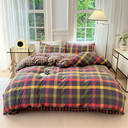 100% Cotton Colorful Plaid Duvet Cover Set Girls Women Bedroom Purple and Pink Striped Reversible Bedding Comforter Cover 3 Pcs