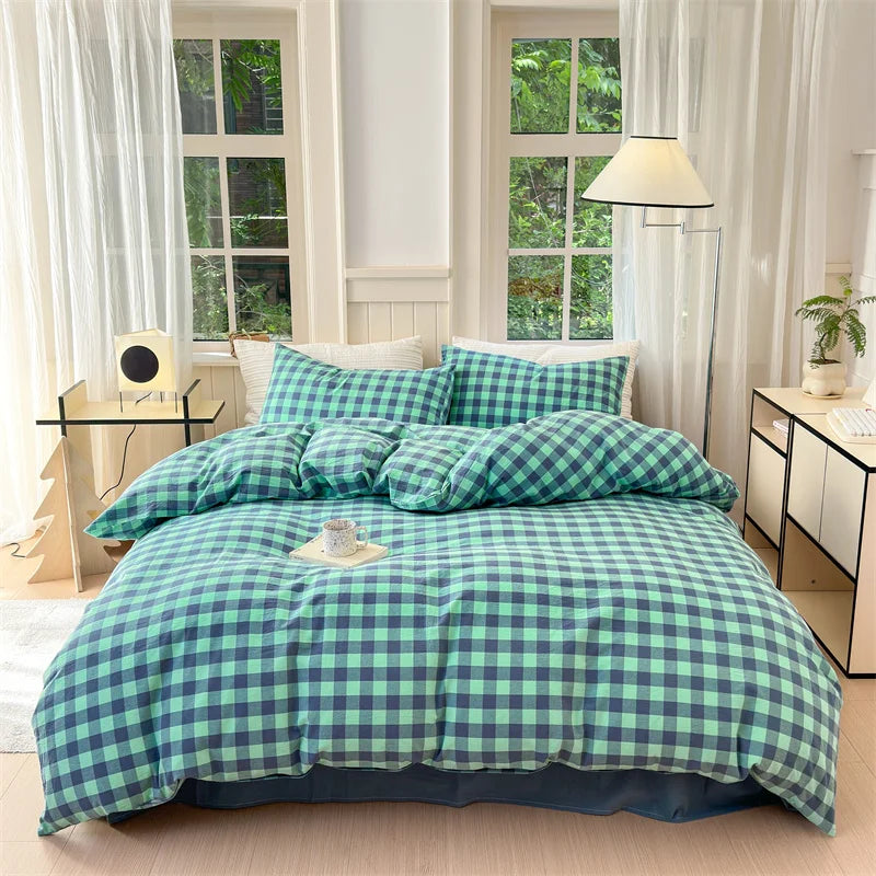 100% Cotton Colorful Plaid Duvet Cover Set Girls Women Bedroom Purple and Pink Striped Reversible Bedding Comforter Cover 3 Pcs