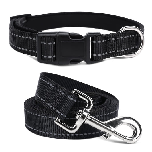 Soft Neoprene Padded Dog Collar and Leash Set for Small Medium Large Dogs